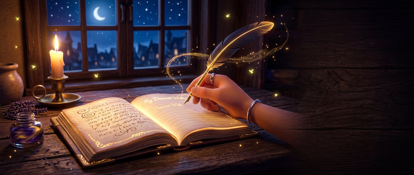 A hand writing a wish in a glowing storybook by candlelight