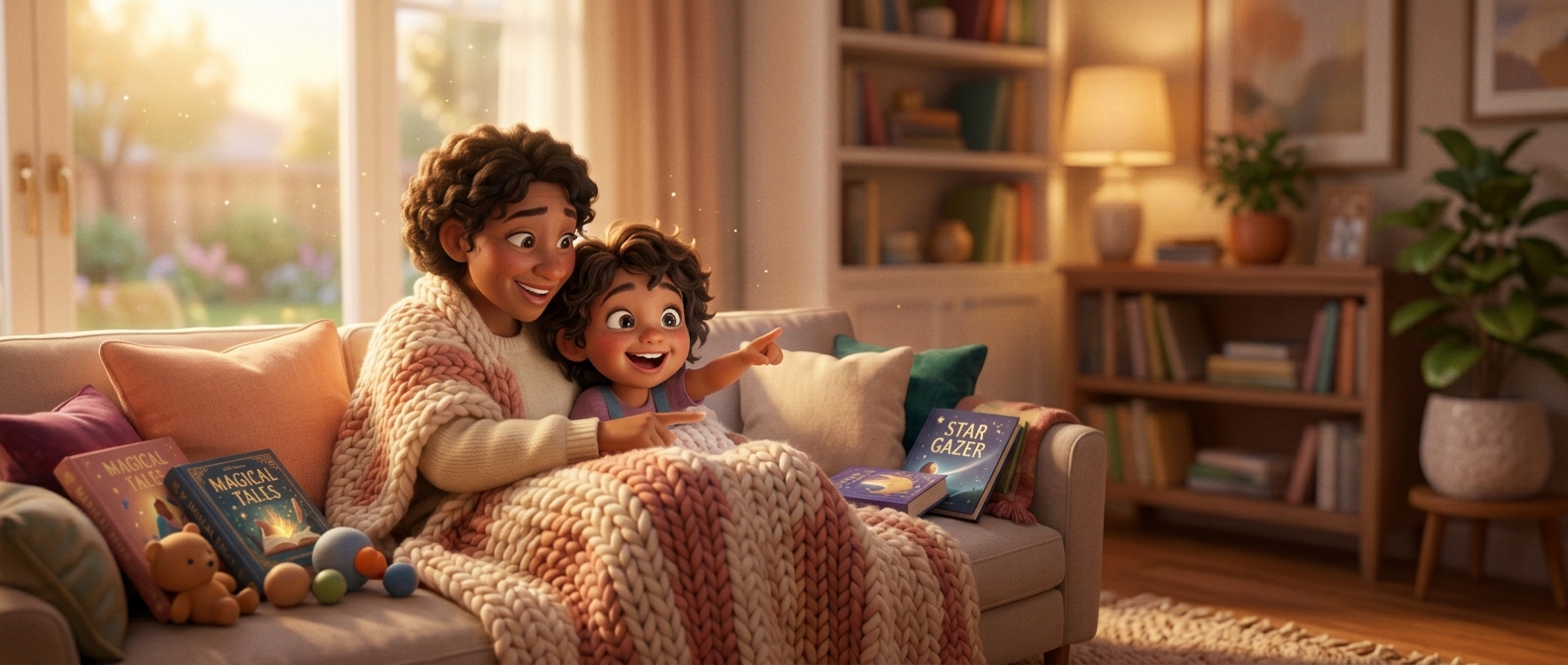 A parent and child watching their personal story video